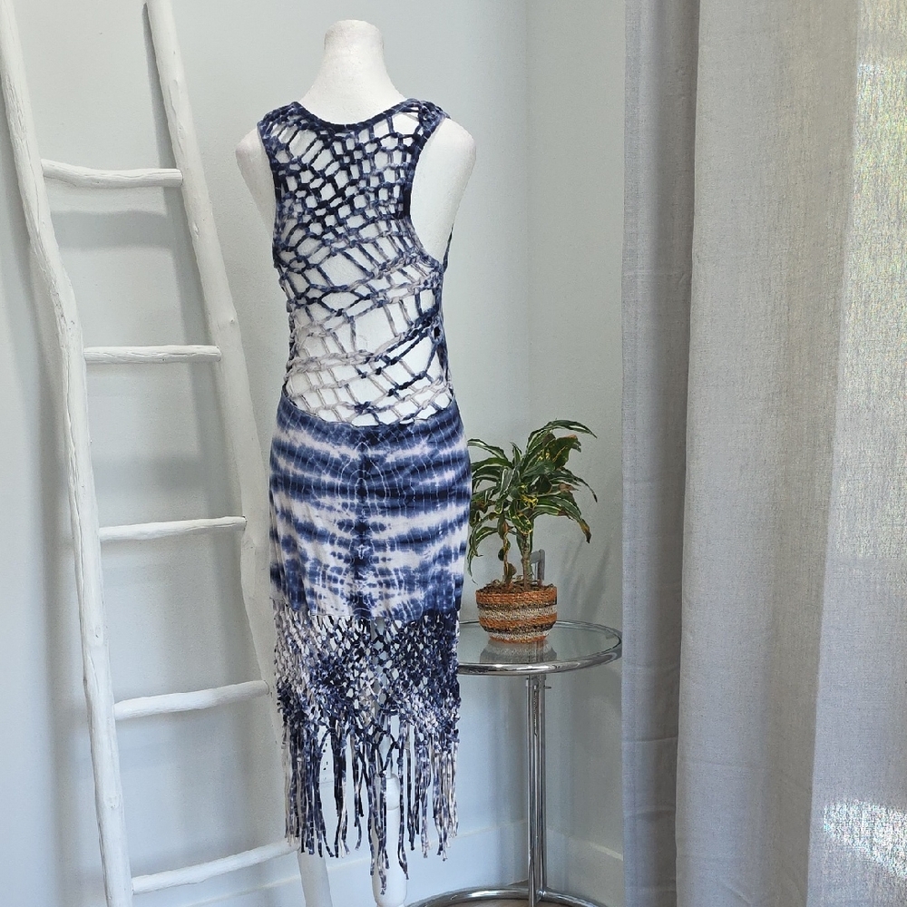 Free People Navy Tie-Dye Crochet Fringe Open Back Maxi Cover Up Dress